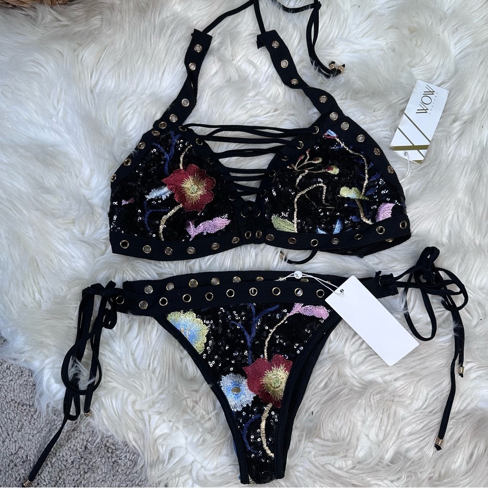 Wow couture bandage material swim suit 2 piece sexy embroidered